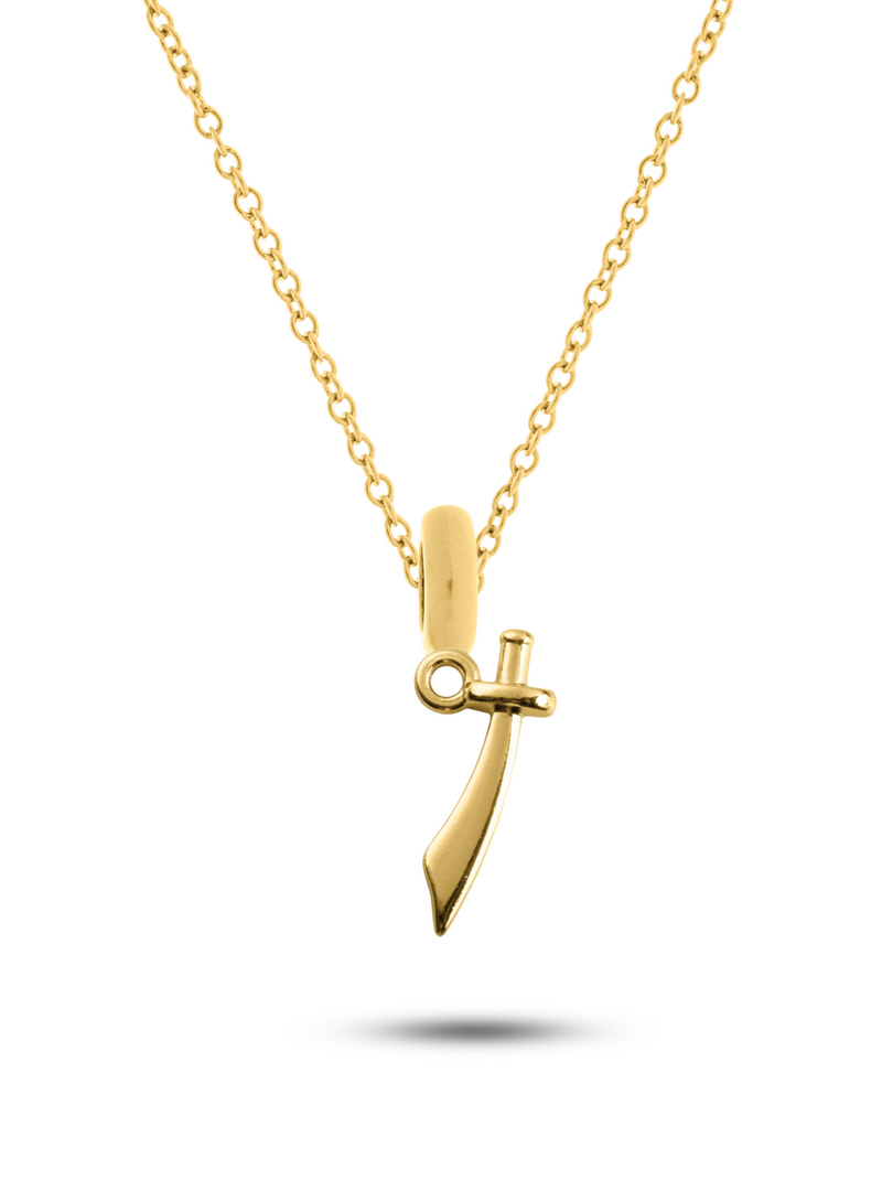 Kit Pingente Espada de Iansã (19mm) + Corrente Elo Português (1mm) de 60 cm ou 70 cm - Banhada a Ouro e Verniz Italiano