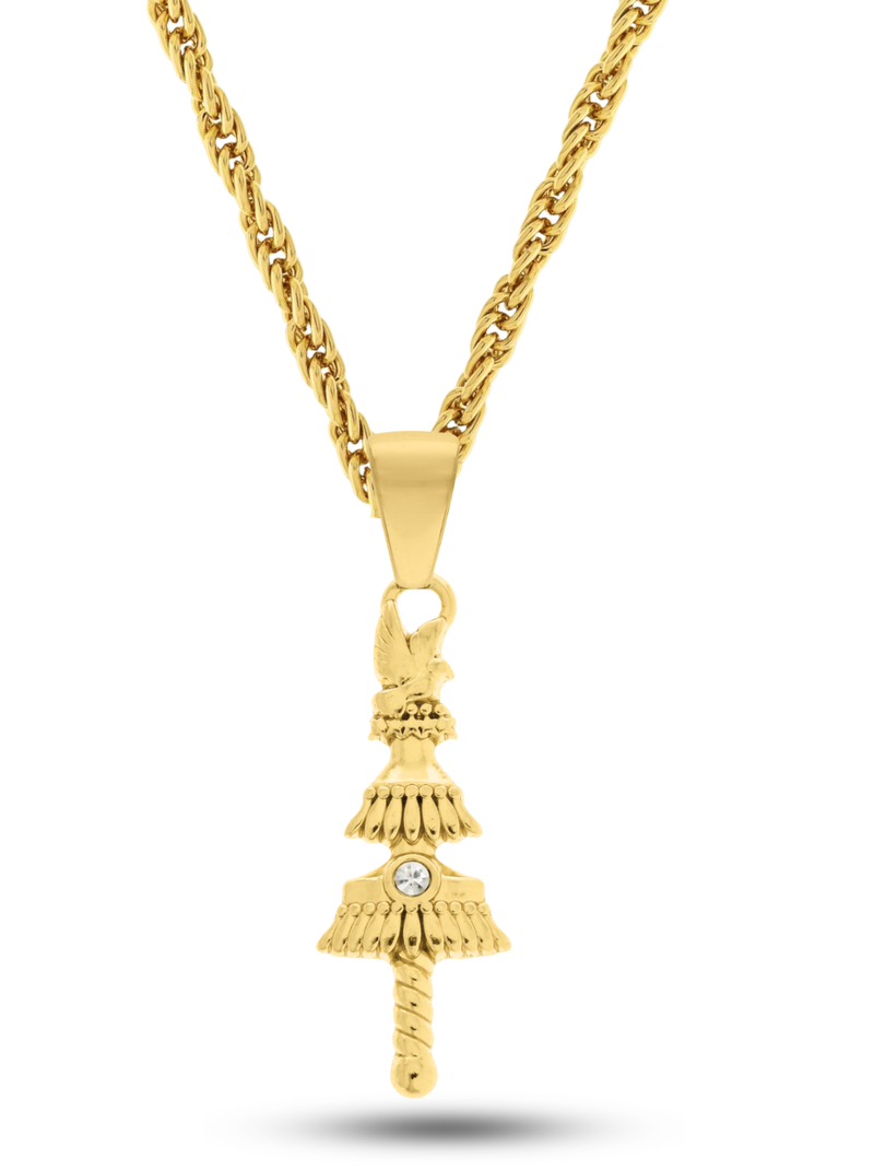 Kit Pingente Opaxorô Cajado de Oxalá (34mm) + Corrente Cordão Baiano (2mm) de 50, 60 ou 70 cm - Banhada a Ouro e Verniz Italiano