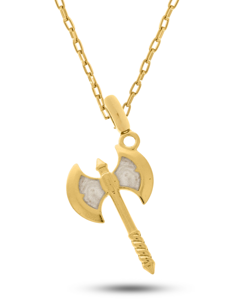 Kit Pingente Machado Perolado (31mm) + Corrente Cadeado (2mm) de 60 ou 70 cm - Banhada a Ouro e Verniz Italiano