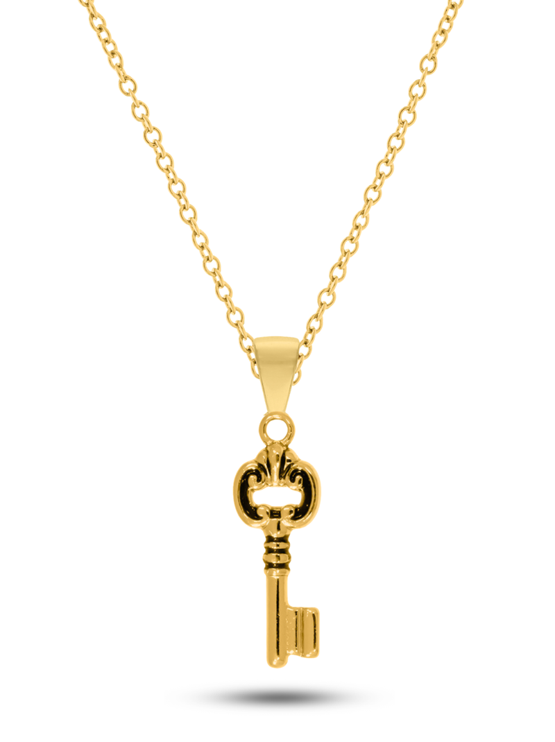Kit Pingente Chave (28mm) + Corrente Elo Português (1mm) de 50, 60 e 70 cm - Banhada a Ouro e Verniz Italiano (Cópia)