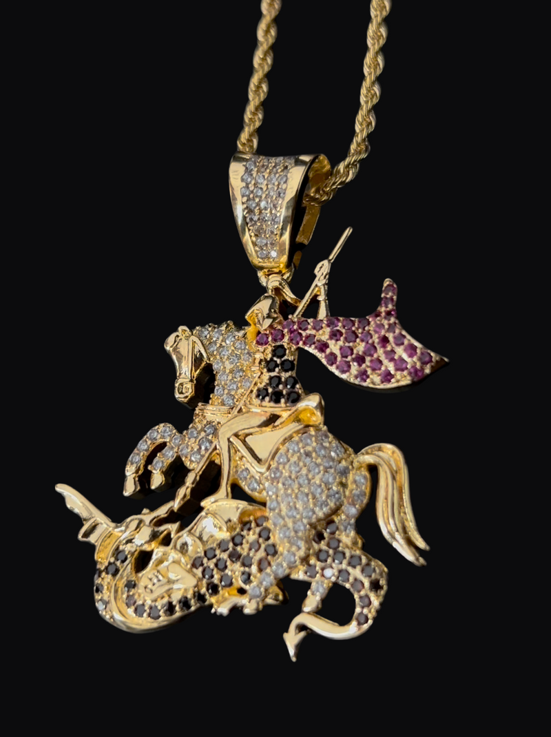 Kit Pingente São Jorge Banhada a Ouro 18k e Cravejada C/ Micro Zircônias + Corrente Cordão Baiano (1 mm) 65cm