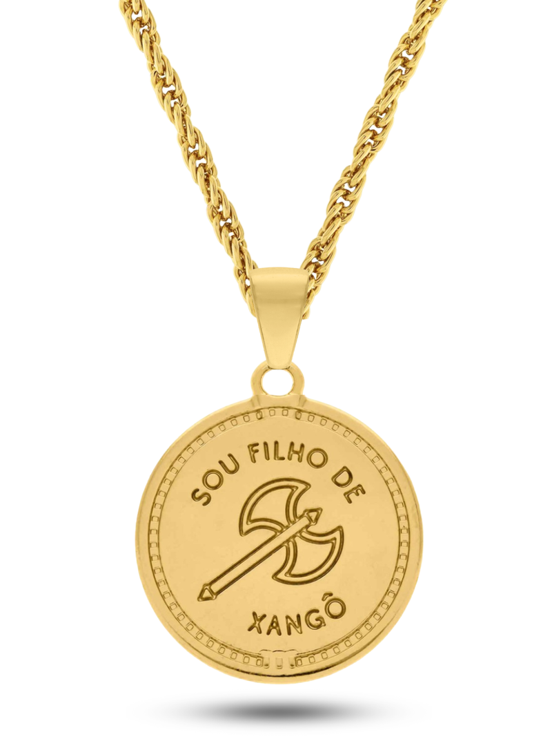 Kit Pingente Xangô (26mm) + Corrente Cordão Baiano (2mm) de 60 ou 70 cm Banhada a Ouro e Verniz Italiano.