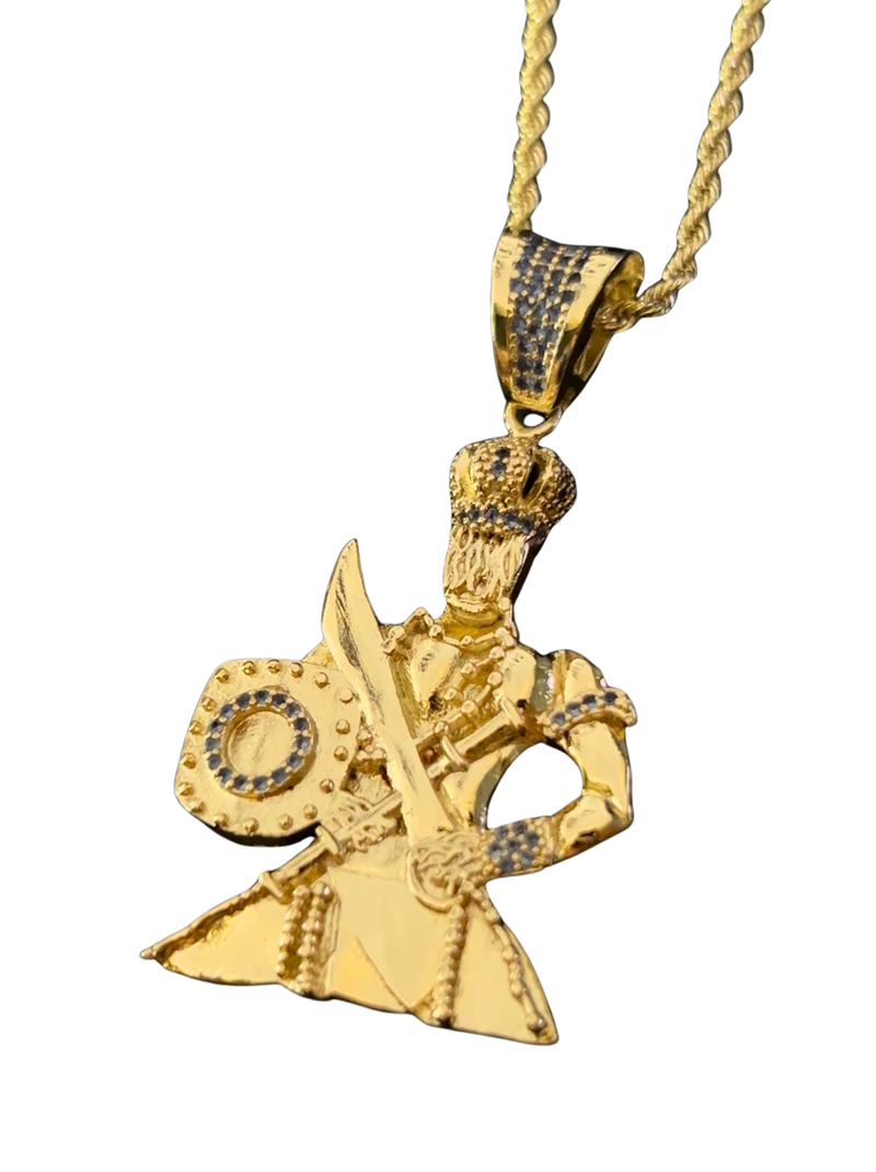 Kit Pingente Orixá Oxaguian Banhada a Ouro 18k e Cravejada C/ Micro Zircônias + Corrente Cordão Baiano (1 mm) 65cm