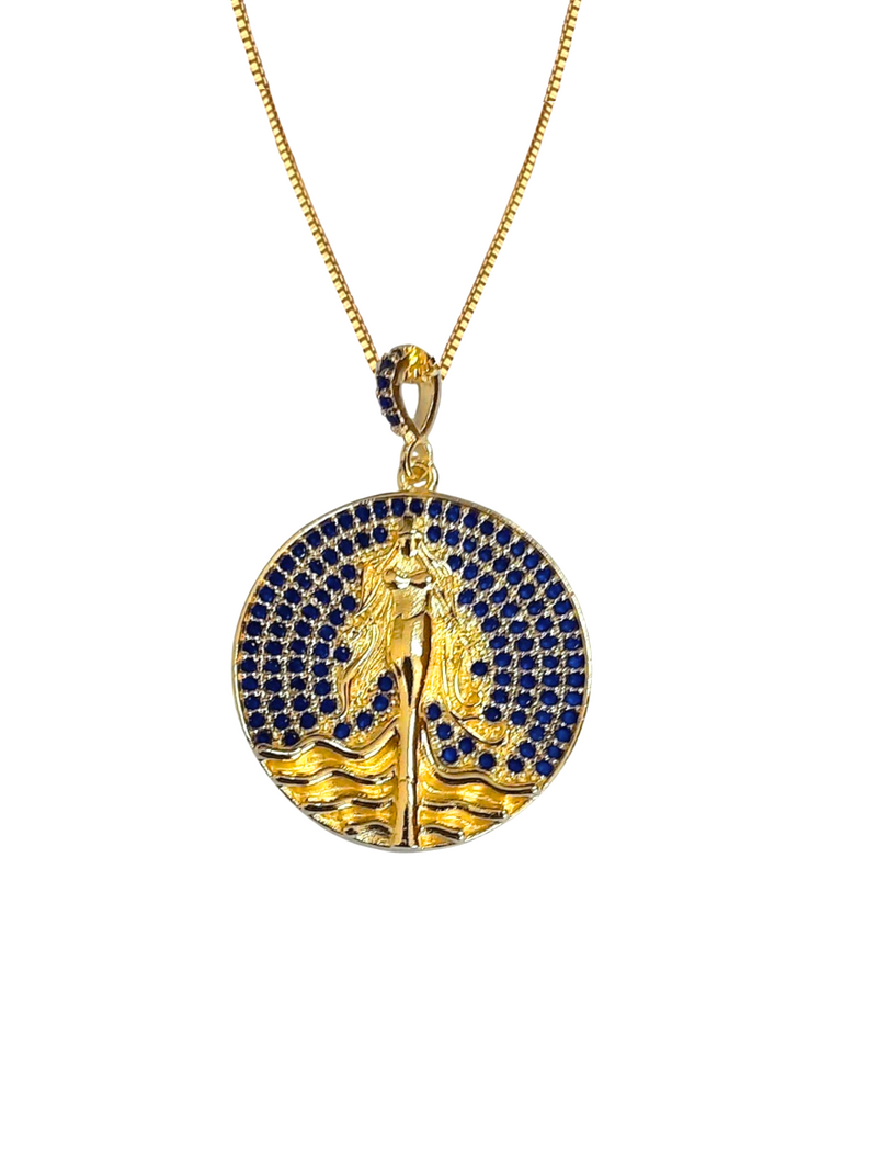 Kit Pingente Mandala Média Iemanjá Banhada a Ouro 18k e Cravejada C/ Micro Zircônias Azul + Corrente Veneziana (1 mm) 45/50 cm