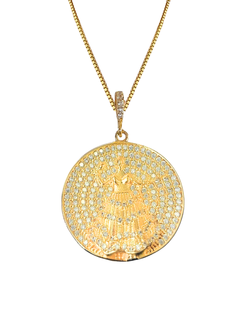 Kit Pingente Mandala Média Oxum Banhada a Ouro 18k e Cravejada C/ Micro Zircônias Cristal+ Corrente Veneziana (1 mm) 45/50 cm