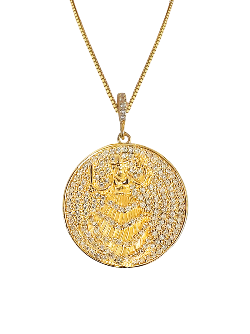 Kit Pingente Mandala Média Iansã Banhada a Ouro 18k e Cravejada C/ Micro Zircônias Cristal+ Corrente Veneziana (1 mm) 45/50 cm