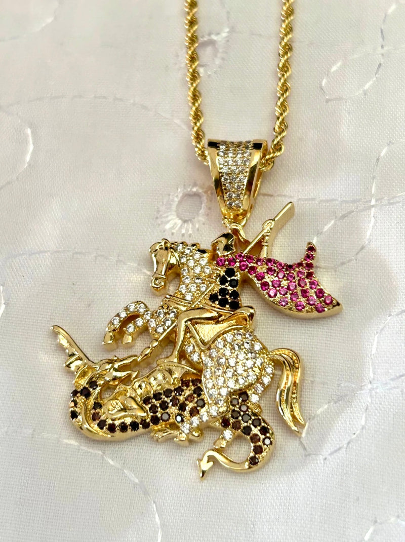 Kit Pingente São Jorge Banhada a Ouro 18k e Cravejada C/ Micro Zircônias + Corrente Cordão Baiano (1 mm) 65cm