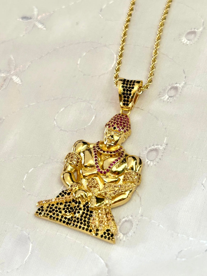 Kit Pingente Orixá Exu Banhada a Ouro 18k e Cravejada C/ Micro Zircônias + Corrente Cordão Baiano (1 mm) 65cm