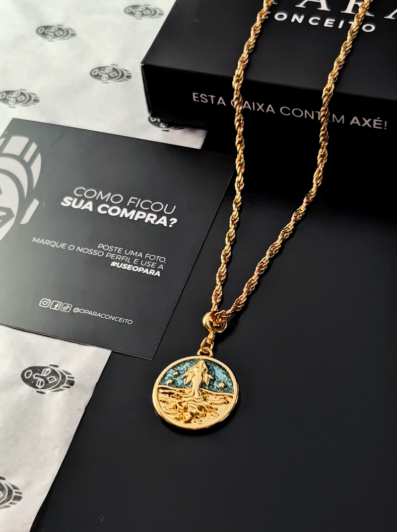 Kit Pingente Yemanjá (26mm) + Corrente Cordão Baiano (2mm) de 60 ou 70 cm Banhada a Ouro e Verniz Italiano.