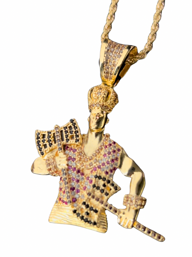 Kit Pingente Orixá Xangô Banhada a Ouro 18k e Cravejada C/ Micro Zircônias + Corrente Cordão Baiano (1 mm) 65cm