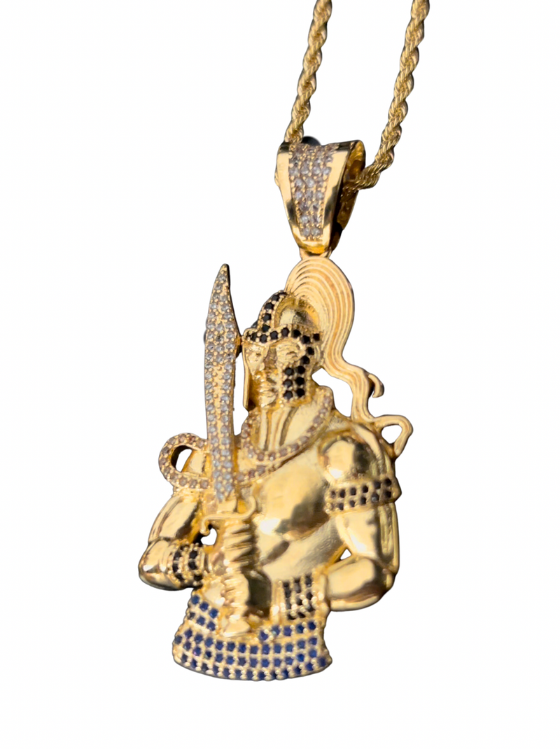 Kit Pingente Orixá Ogum Banhada a Ouro 18k e Cravejada C/ Micro Zircônias + Corrente Cordão Baiano (1 mm) 65cm