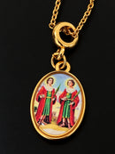 Kit Pingente São Cosme e Damião (23mm) + Corrente Elo Português (1mm) de 50, 60 e 70 cm - Banhada a Ouro e Verniz Italiano